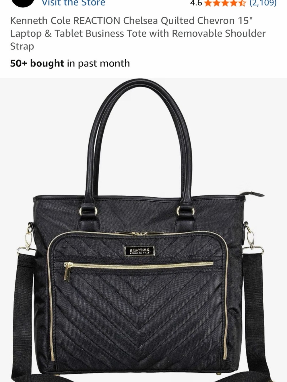 Kenneth Cole Reaction Black Quilted Chevron Tote with Gold Hardware